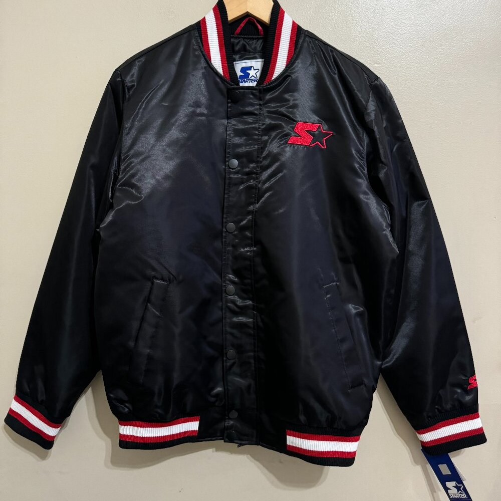 Starter Satin Vintage 90's Bomber Jacket Snap Buttons Quilted Black Red Mens